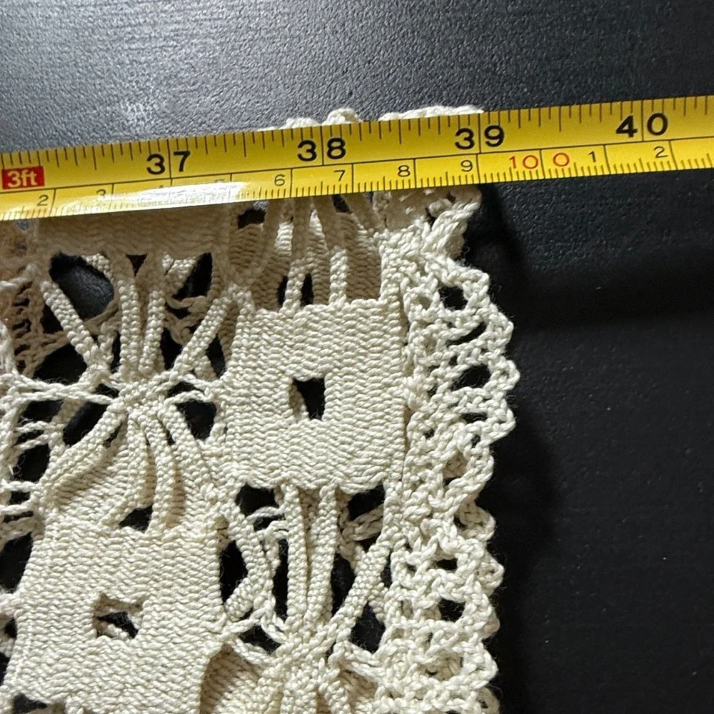Vintage Oval Linen Tablecloth Crochet Lace Trim Cream Beige 39x42 Inch